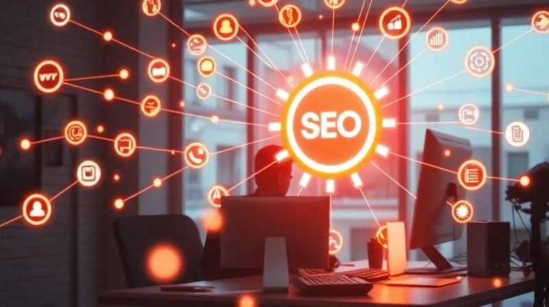 A photorealistic image of a web designer at a desk, surrounded by interconnected glowing lines and icons representing SEO keywords, backlinks, and content marketing strategies, all flowing towards a central 'client' icon. The atmosphere is strategic and intelligent. photorealistic, professional photography, 8K, cinematic lighting, sharp focus on the designer and the glowing elements, depth of field, shot on a high-end DSLR.